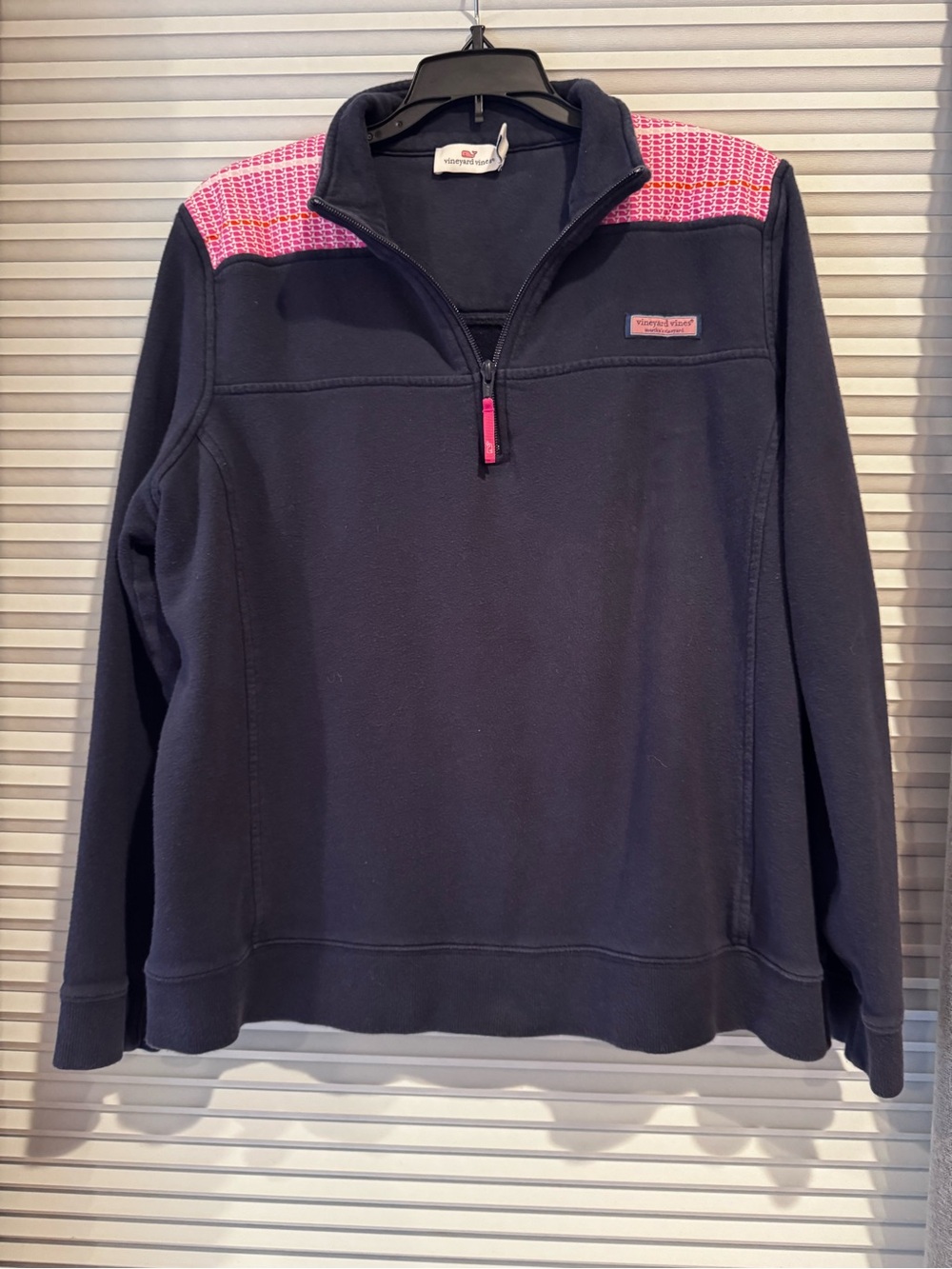 Vineyard Vines Navy Pullover with Pink Patterned Yoke- sizing as a youth XL